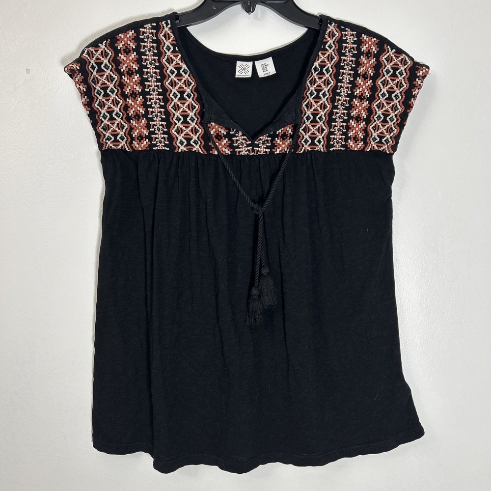 ARTISAN NY Women M Beaded Black Orange Cap Sleeve Top Embroidered Tassel 6349